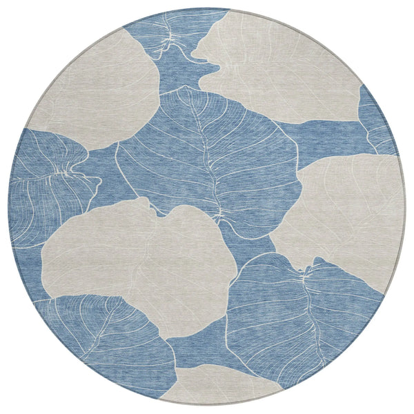 8' Denim Blue And Ivory Round Floral Washable Indoor Outdoor Area Rug Homeroots Outdoor