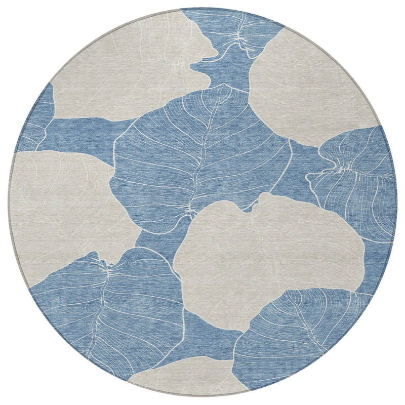 8' Denim Blue And Ivory Round Floral Washable Indoor Outdoor Area Rug Homeroots Outdoor