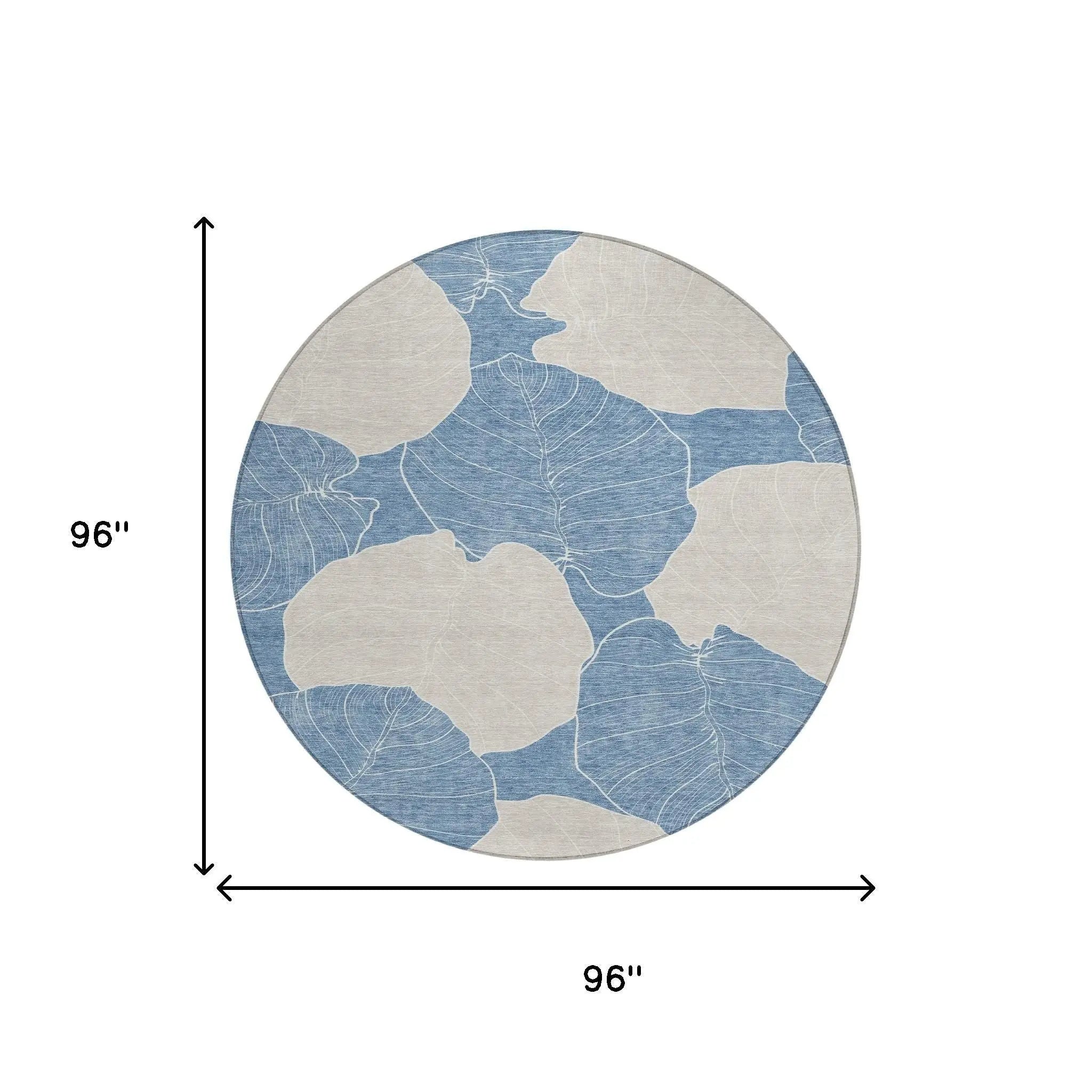 8' Denim Blue And Ivory Round Floral Washable Indoor Outdoor Area Rug Homeroots Outdoor
