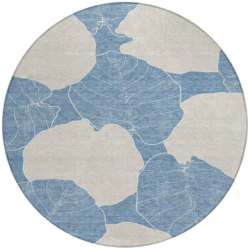 8' Denim Blue And Ivory Round Floral Washable Indoor Outdoor Area Rug Homeroots Outdoor