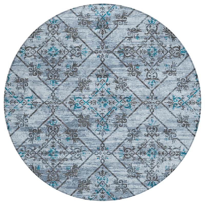 8' Denim Blue And Ivory Round Geometric Washable Indoor Outdoor Area Rug Homeroots Outdoor