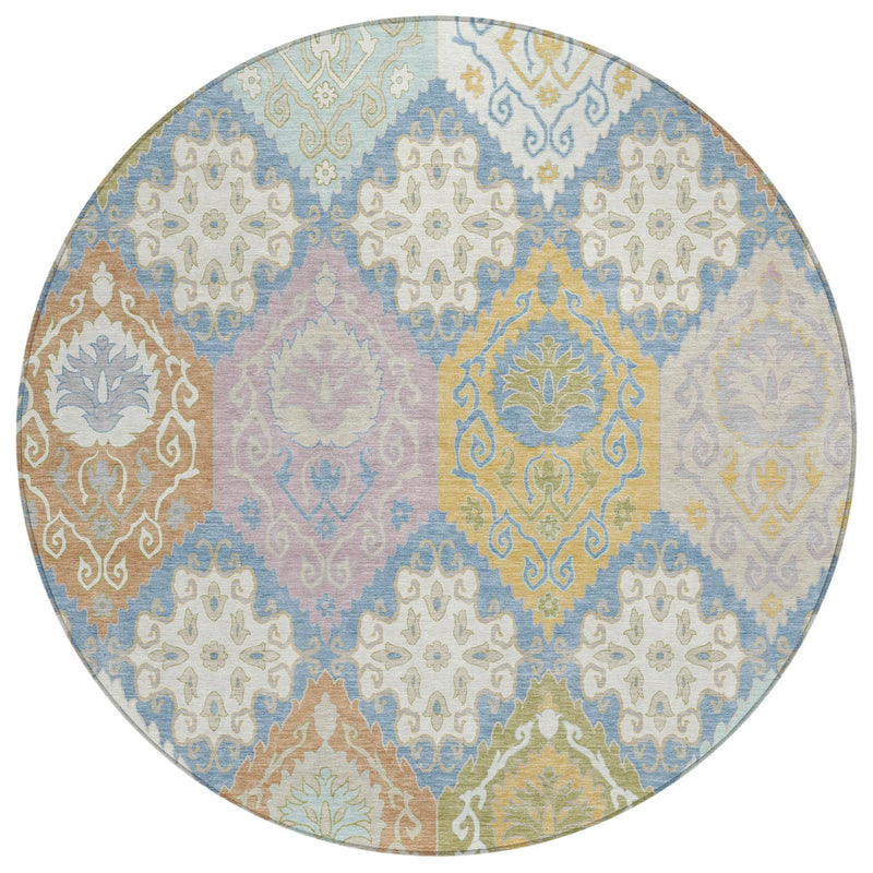8' Denim Blue And Ivory Round Geometric Washable Indoor Outdoor Area Rug Homeroots Outdoor