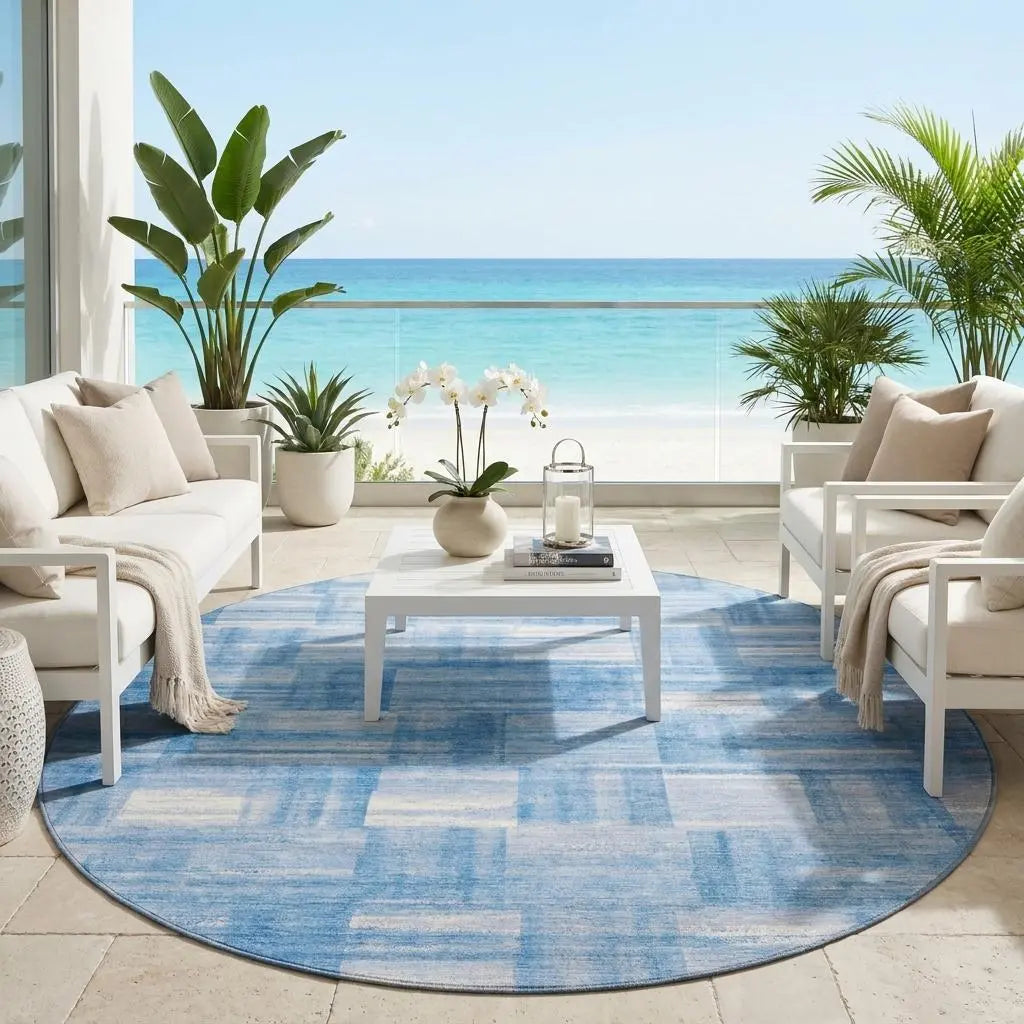 8' Denim Blue And Ivory Round Striped Washable Indoor Outdoor Area Rug Homeroots Outdoor