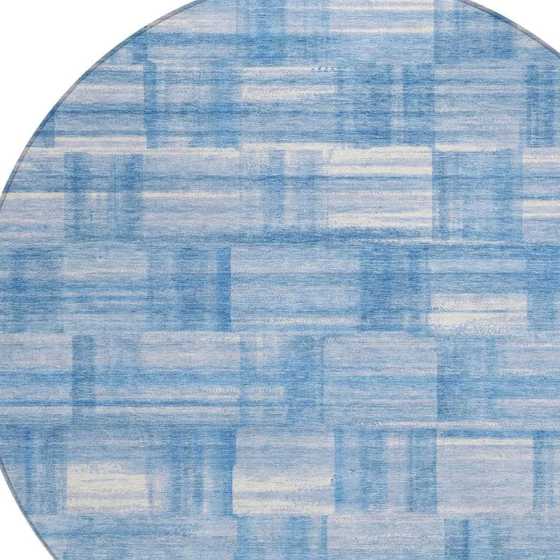 8' Denim Blue And Ivory Round Striped Washable Indoor Outdoor Area Rug Homeroots Outdoor