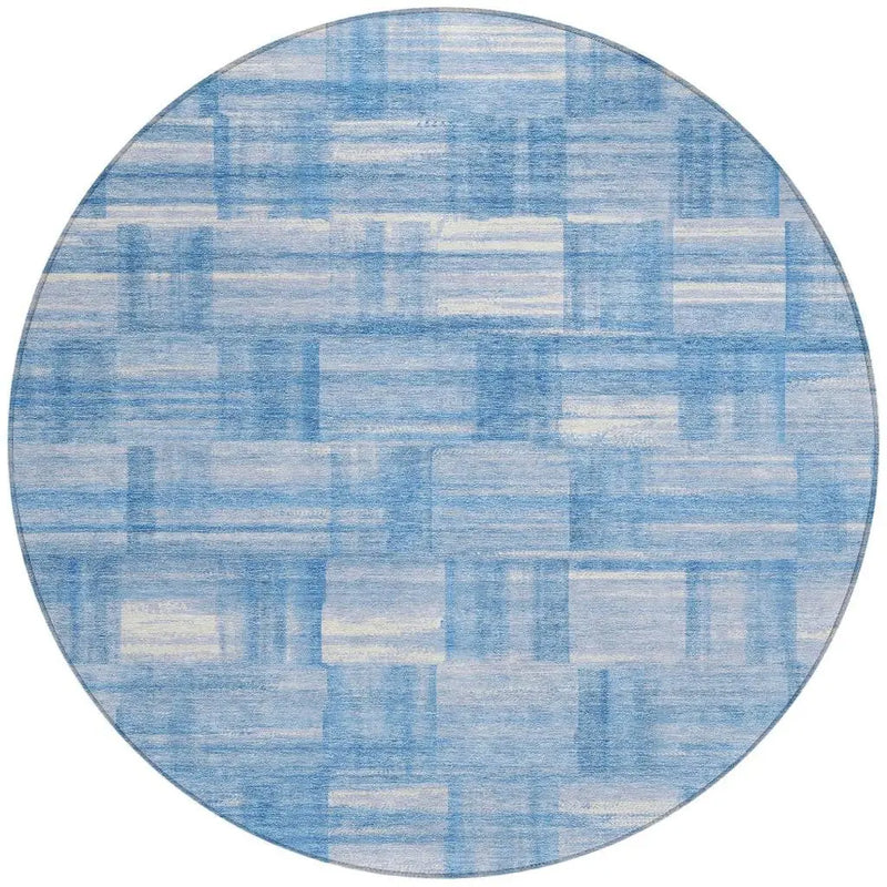 8' Denim Blue And Ivory Round Striped Washable Indoor Outdoor Area Rug Homeroots Outdoor