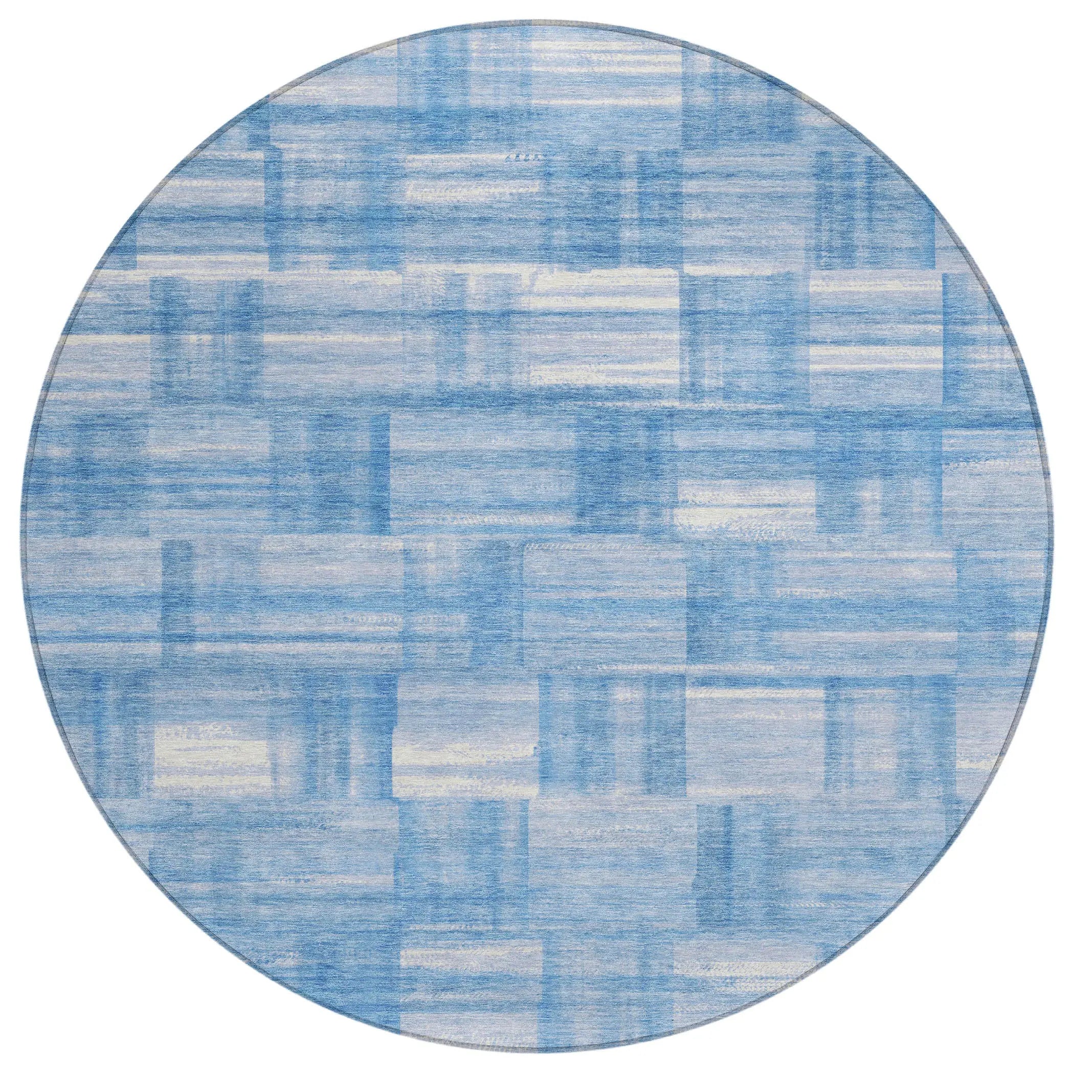 8' Denim Blue And Ivory Round Striped Washable Indoor Outdoor Area Rug Homeroots Outdoor