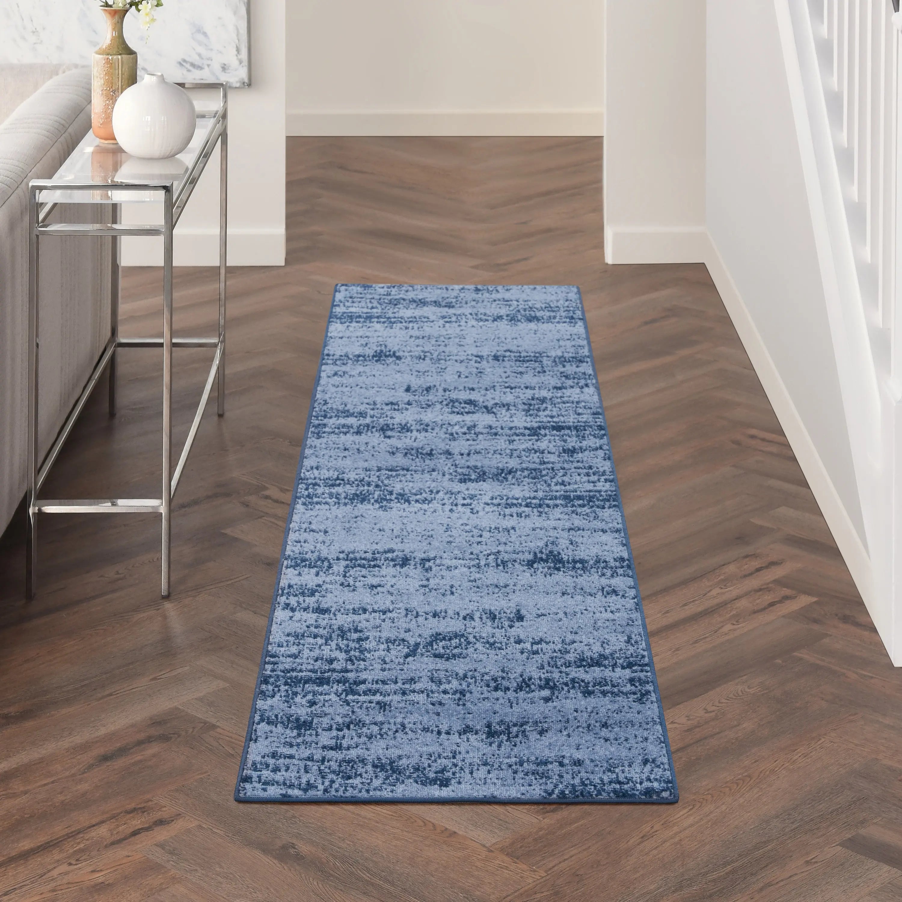 8' Denim Blue And Navy Blue Abstract Indoor Outdoor Runner Rug Homeroots Outdoor