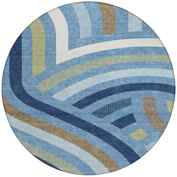 8' Denim Blue And Navy Blue Round Abstract Washable Indoor Outdoor Area Rug Homeroots Outdoor