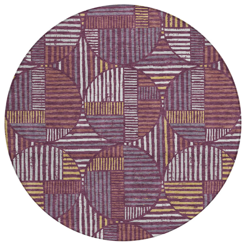 8' Eggplant And Brown Round Geometric Washable Indoor Outdoor Area Rug Homeroots Outdoor
