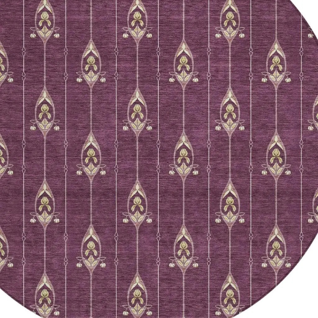 8' Eggplant And Graphite Round Geometric Washable Indoor Outdoor Area Rug Homeroots Outdoor
