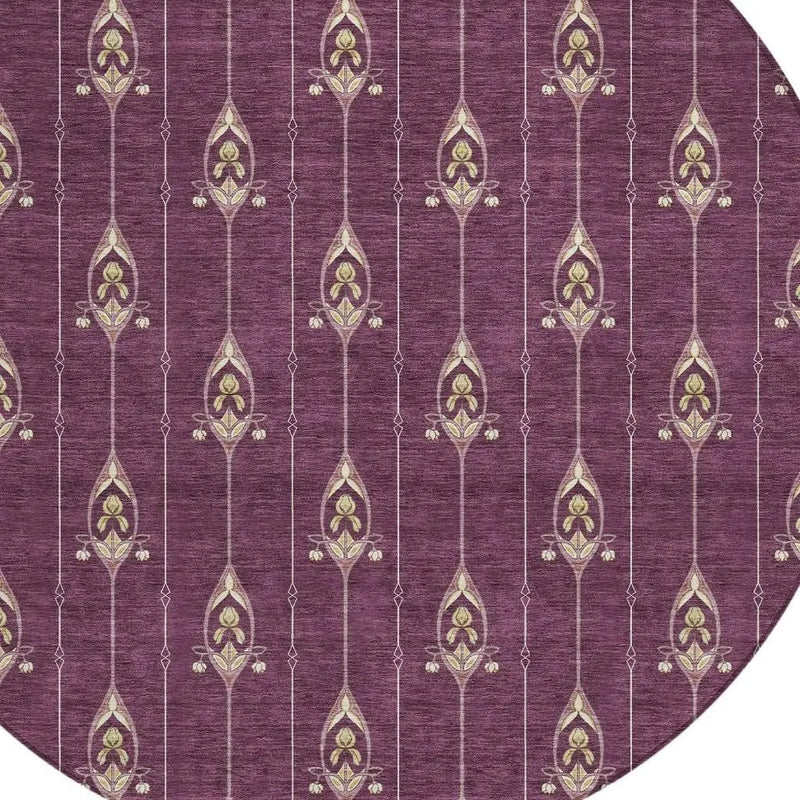 8' Eggplant And Graphite Round Geometric Washable Indoor Outdoor Area Rug Homeroots Outdoor