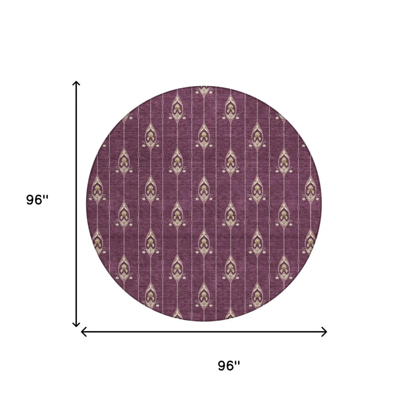8' Eggplant And Graphite Round Geometric Washable Indoor Outdoor Area Rug Homeroots Outdoor