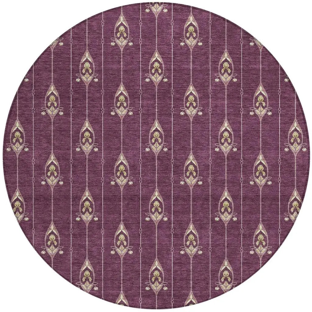 8' Eggplant And Graphite Round Geometric Washable Indoor Outdoor Area Rug Homeroots Outdoor