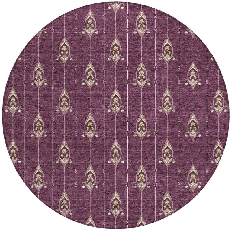 8' Eggplant And Graphite Round Geometric Washable Indoor Outdoor Area Rug Homeroots Outdoor