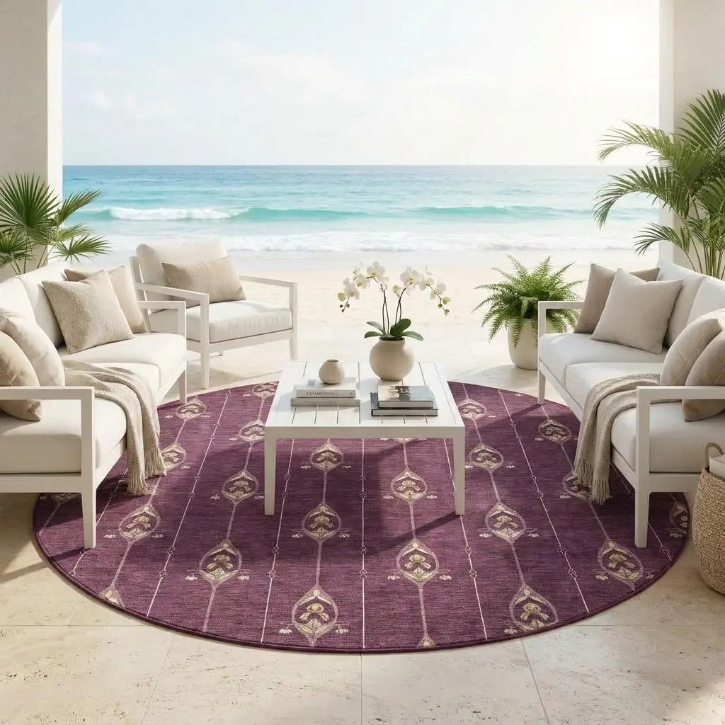 8' Eggplant And Graphite Round Geometric Washable Indoor Outdoor Area Rug Homeroots Outdoor