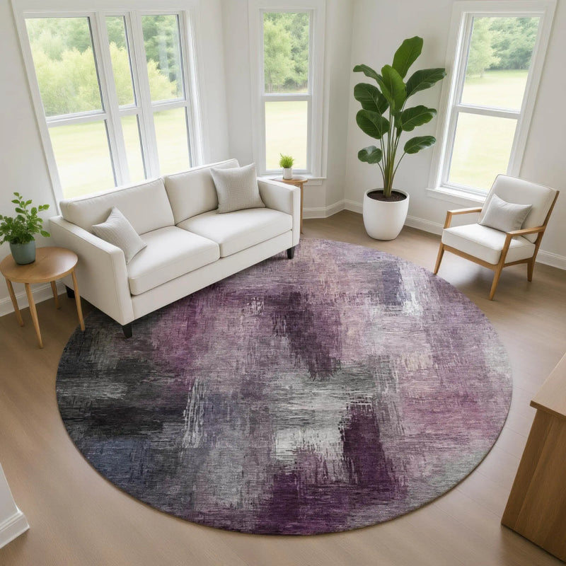 8' Eggplant And Purple Round Abstract Washable Indoor Outdoor Area Rug Homeroots Outdoor
