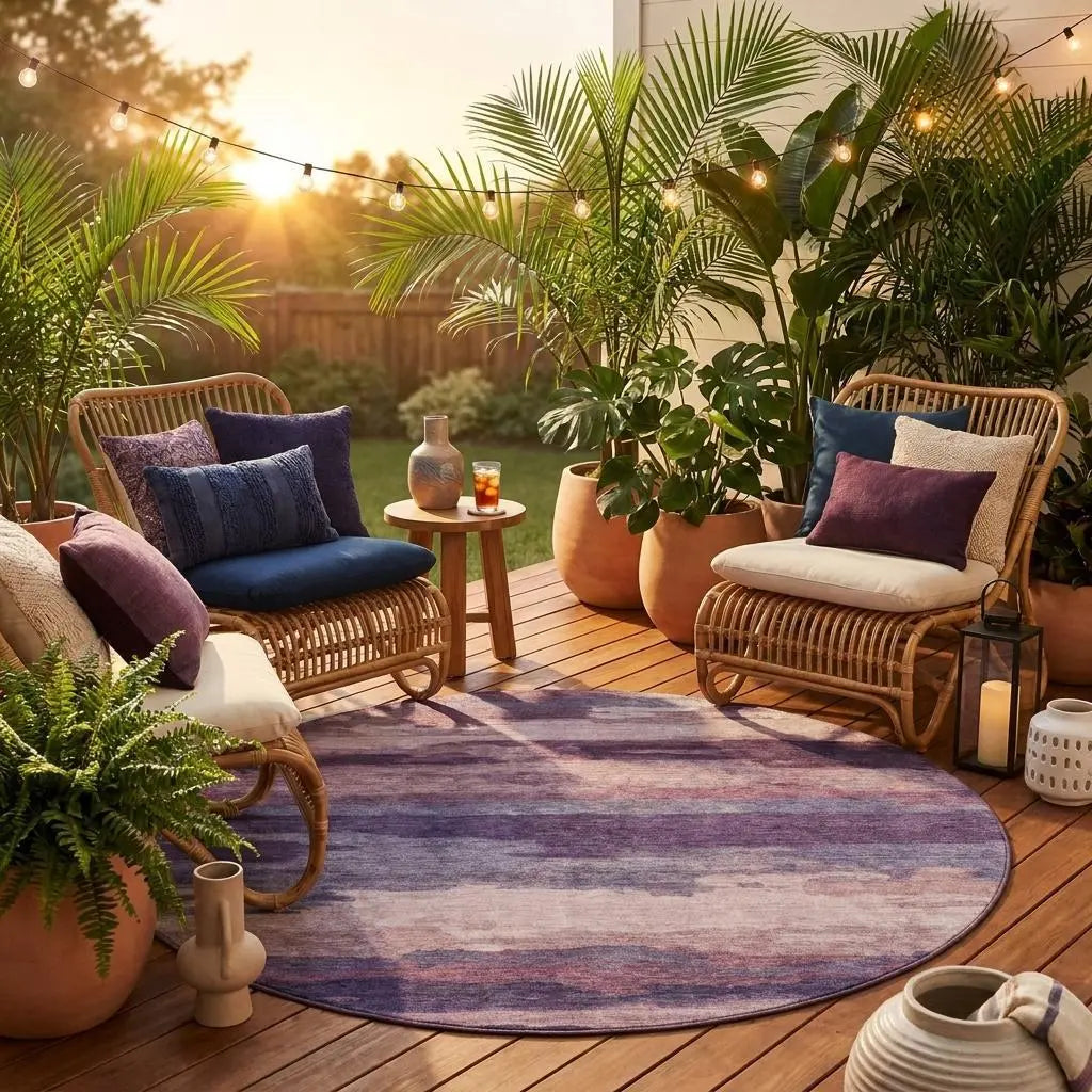 8' Eggplant And Purple Round Abstract Washable Indoor Outdoor Area Rug Homeroots Outdoor