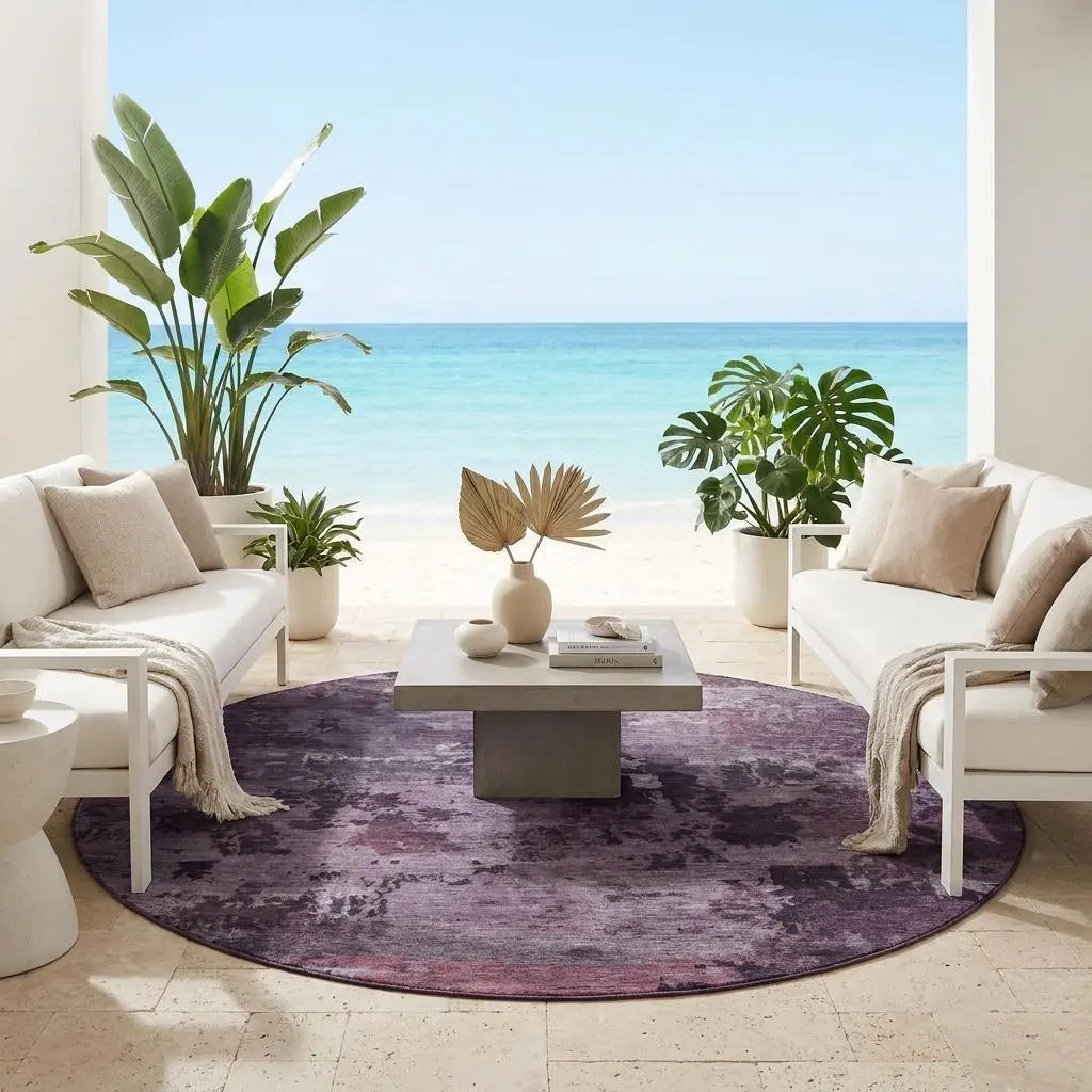 8' Eggplant And Purple Round Abstract Washable Indoor Outdoor Area Rug Homeroots Outdoor