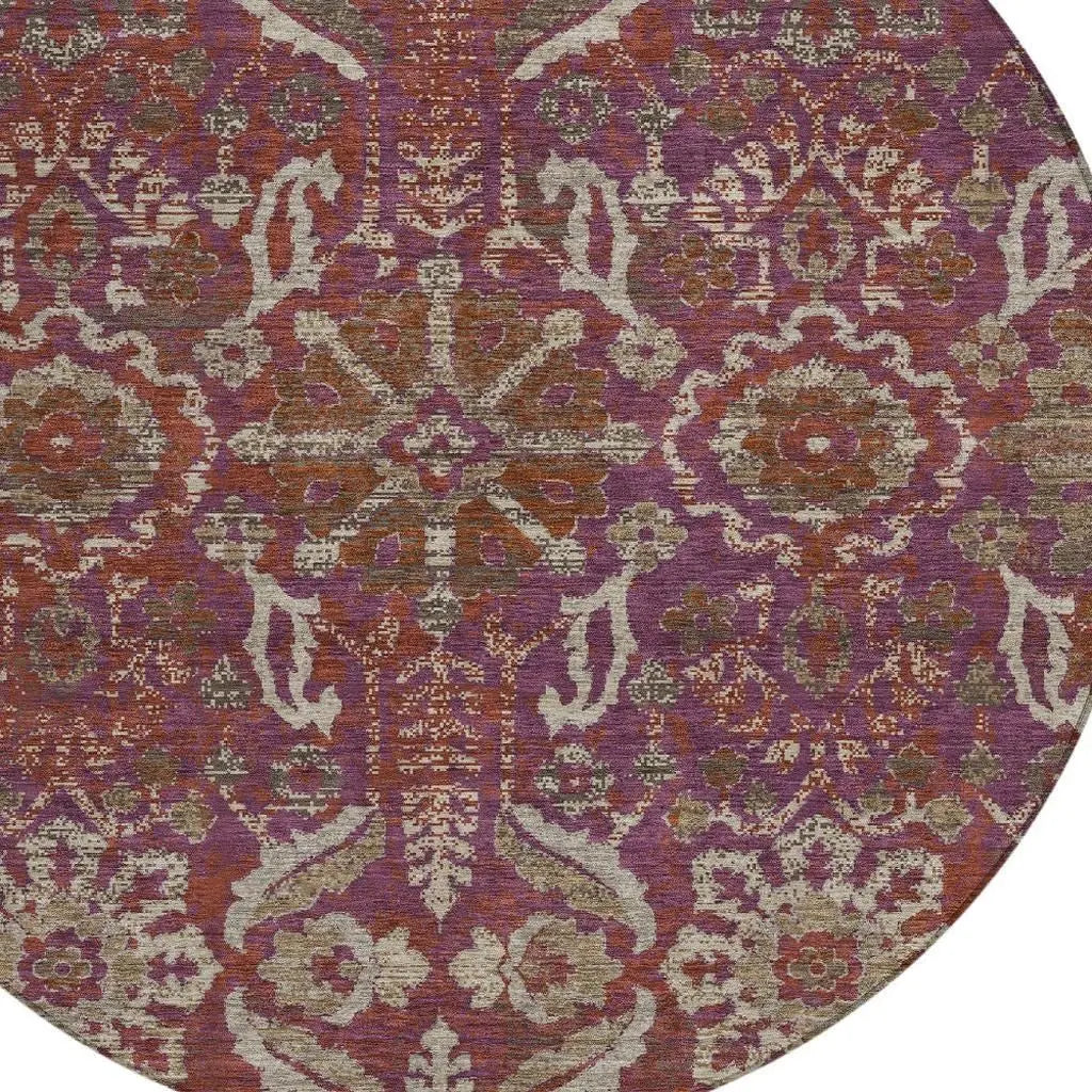 8' Eggplant And Purple Round Damask Washable Indoor Outdoor Area Rug Homeroots Outdoor