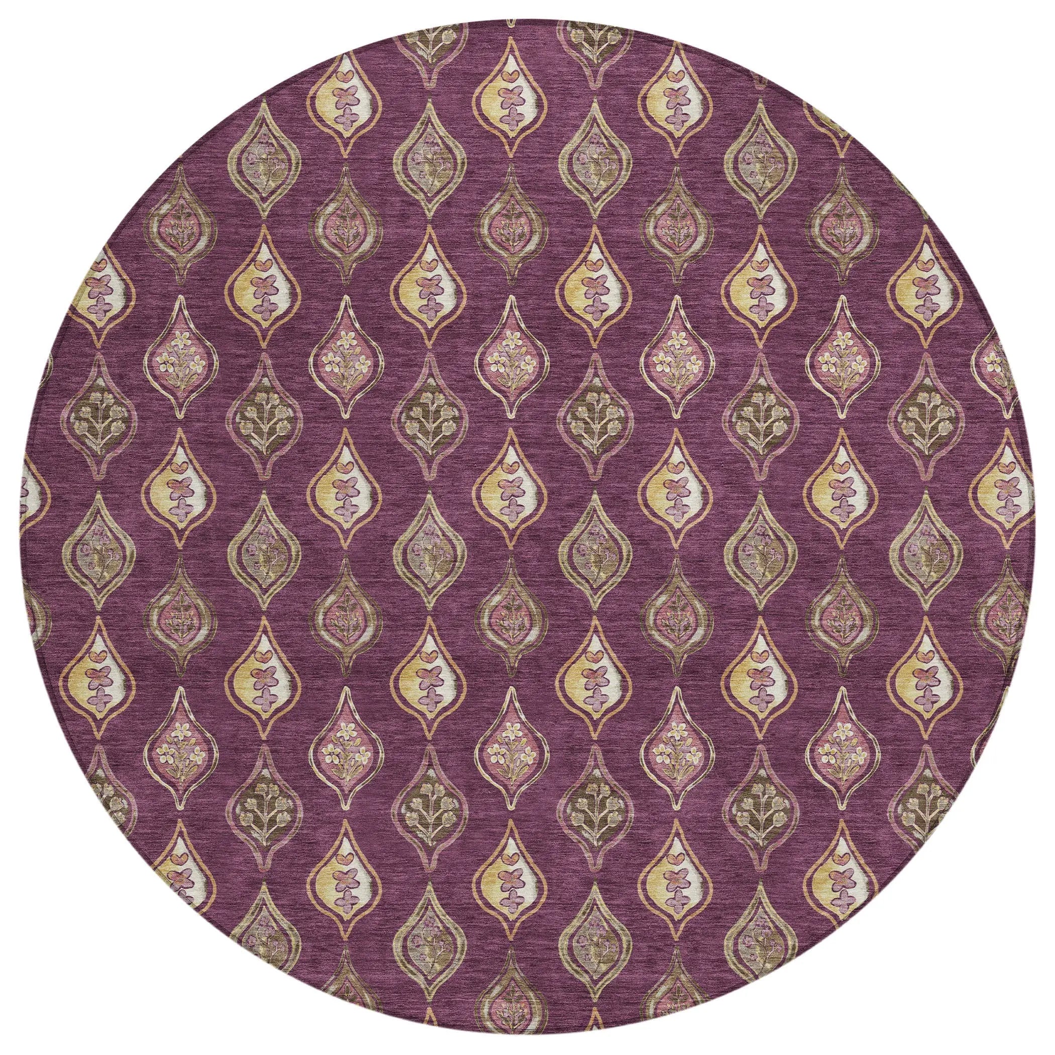 8' Eggplant And Purple Round Floral Washable Indoor Outdoor Area Rug Homeroots Outdoor