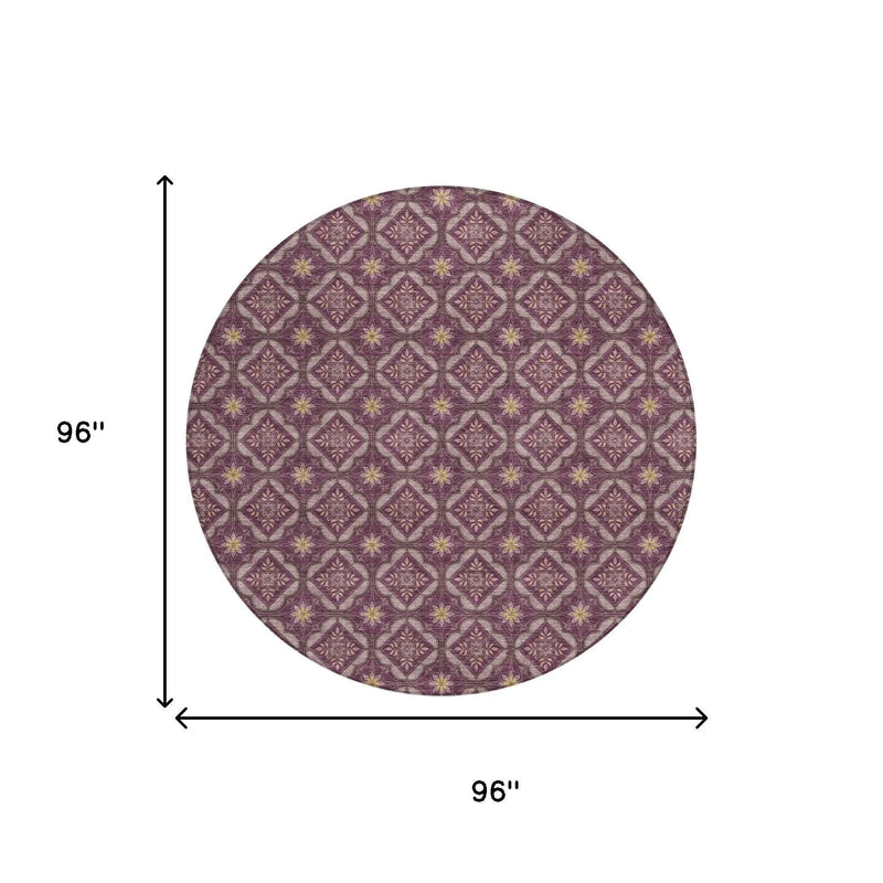 8' Eggplant And Purple Round Geometric Washable Indoor Outdoor Area Rug Homeroots Outdoor
