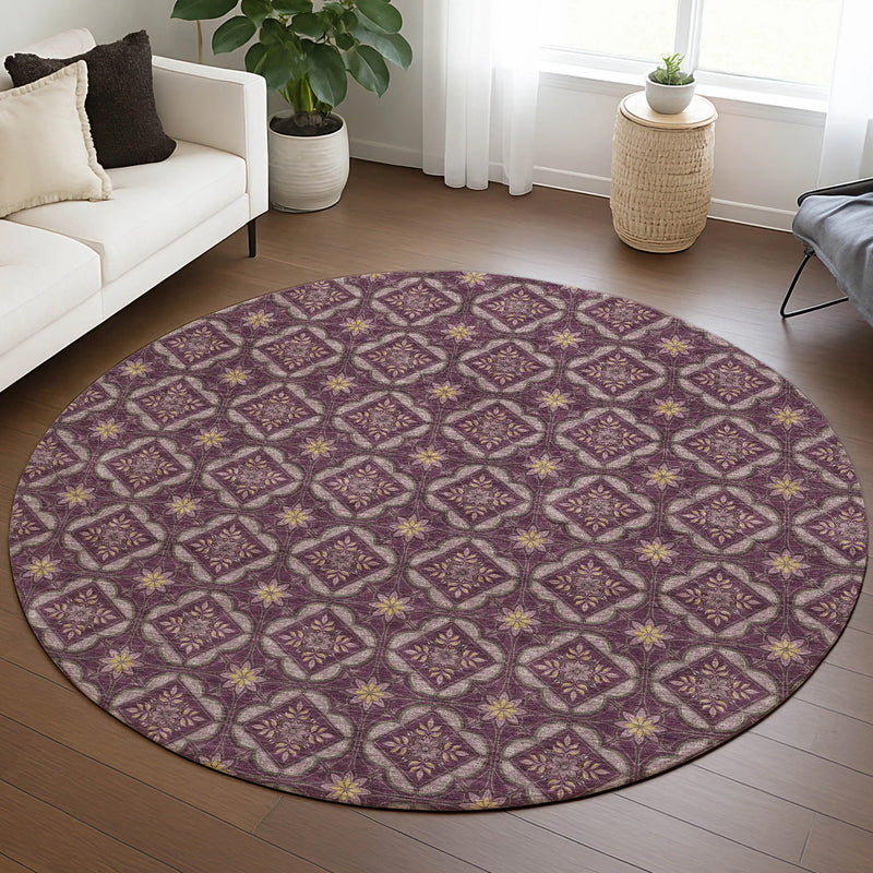 8' Eggplant And Purple Round Geometric Washable Indoor Outdoor Area Rug Homeroots Outdoor