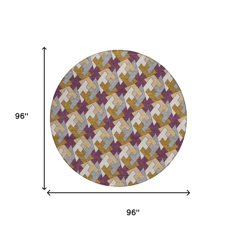 8' Eggplant And Purple Round Geometric Washable Indoor Outdoor Area Rug Homeroots Outdoor