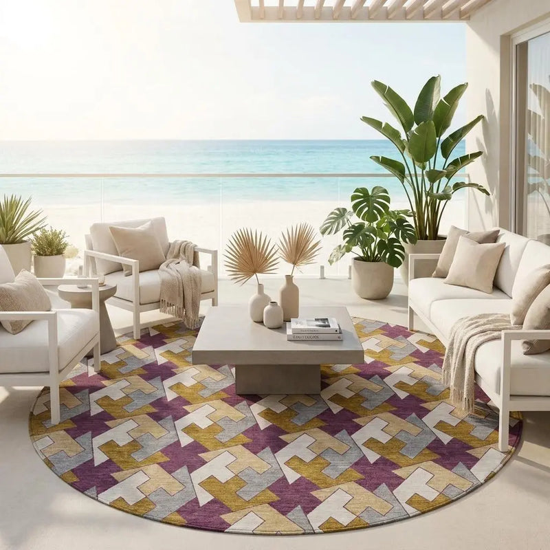 8' Eggplant And Purple Round Geometric Washable Indoor Outdoor Area Rug Homeroots Outdoor