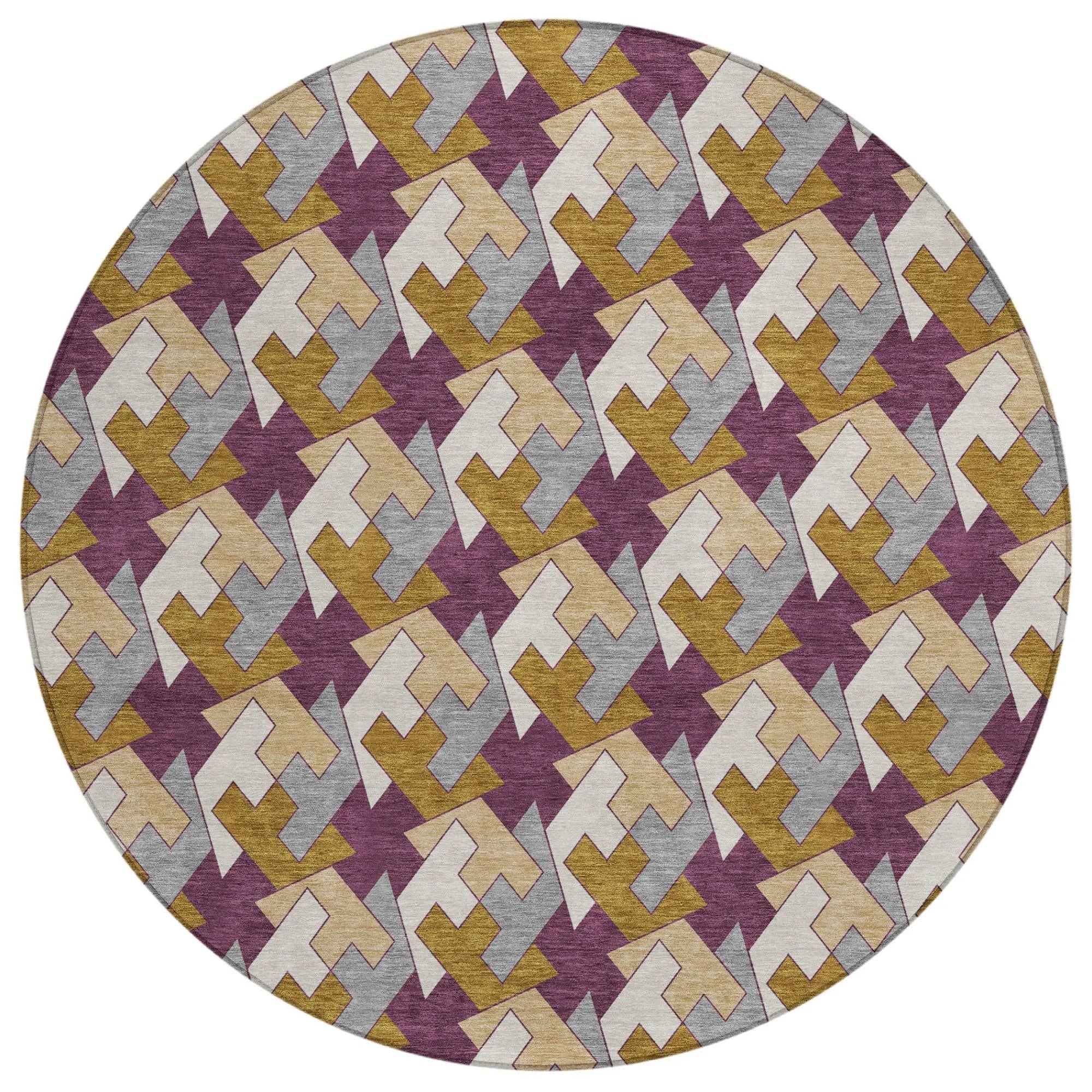 8' Eggplant And Purple Round Geometric Washable Indoor Outdoor Area Rug Homeroots Outdoor