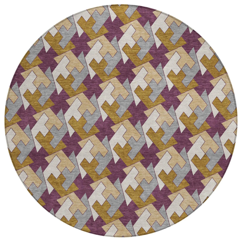 8' Eggplant And Purple Round Geometric Washable Indoor Outdoor Area Rug Homeroots Outdoor