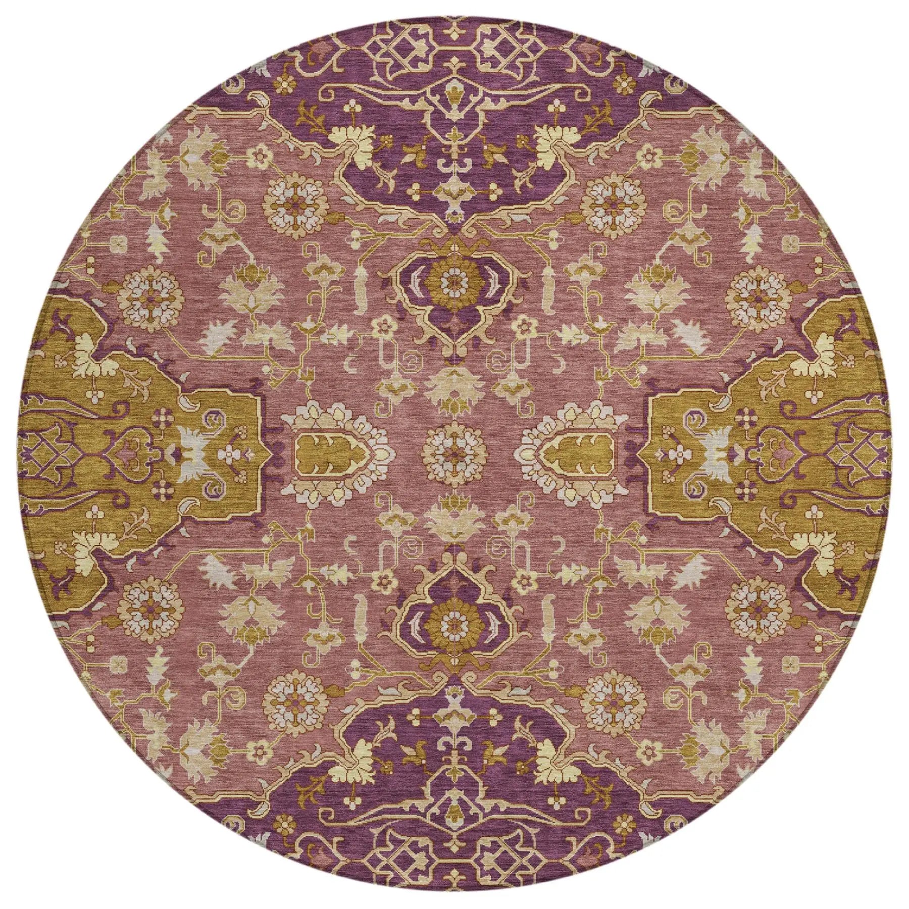 8' Eggplant And Purple Round Oriental Washable Indoor Outdoor Area Rug Homeroots Outdoor