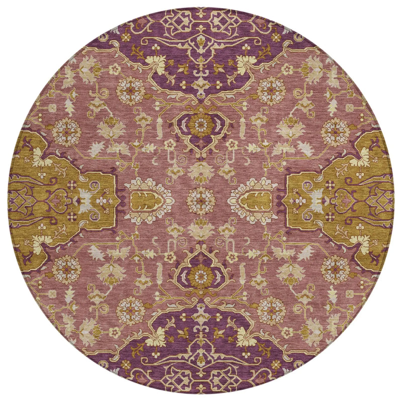 8' Eggplant And Purple Round Oriental Washable Indoor Outdoor Area Rug Homeroots Outdoor