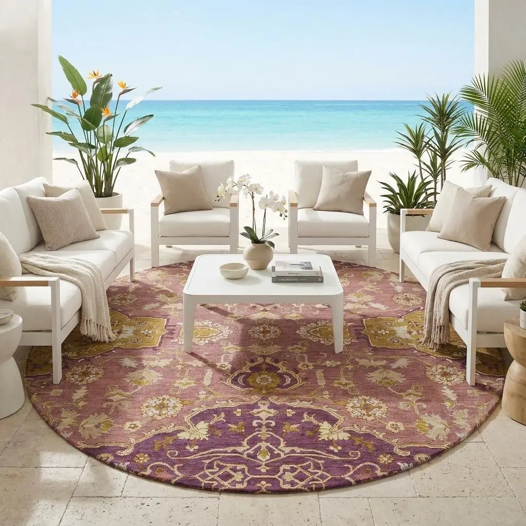 8' Eggplant And Purple Round Oriental Washable Indoor Outdoor Area Rug Homeroots Outdoor