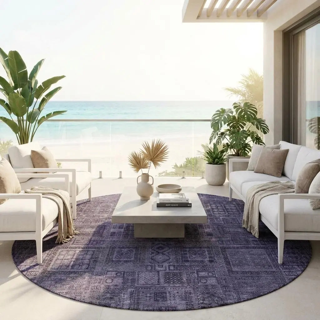 8' Eggplant And Purple Round Oriental Washable Indoor Outdoor Area Rug Homeroots Outdoor