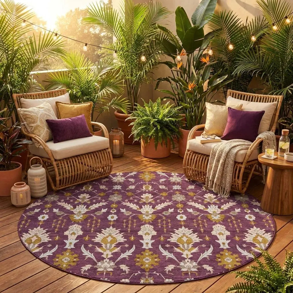 8' Eggplant And Purple Round Oriental Washable Indoor Outdoor Area Rug Homeroots Outdoor