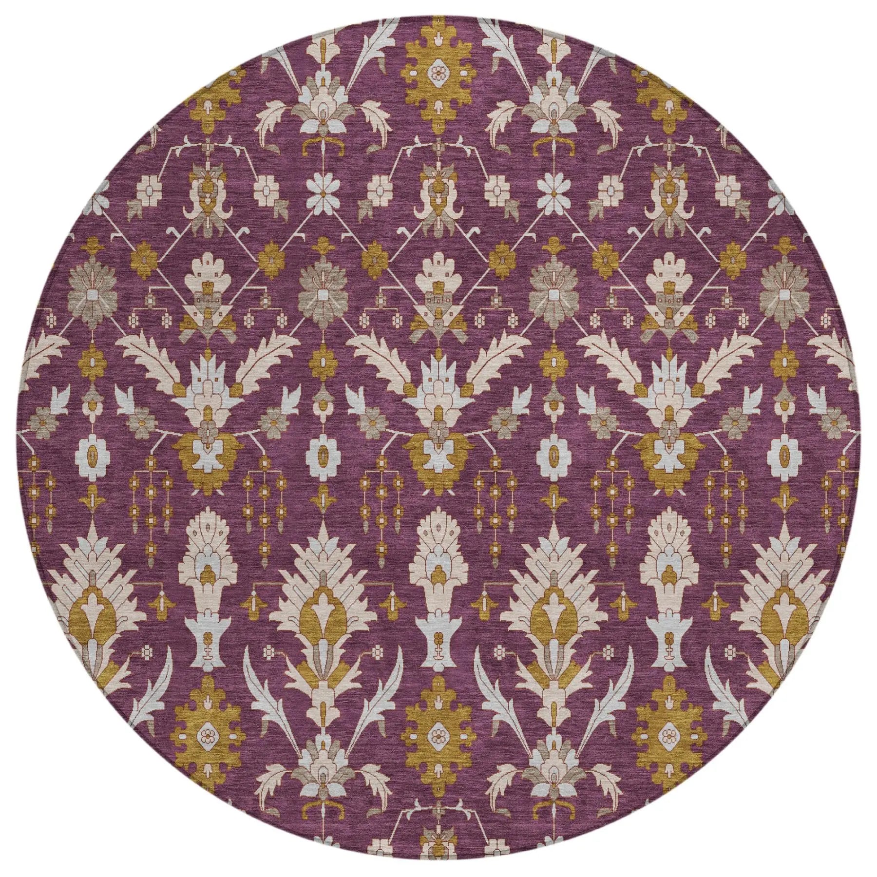 8' Eggplant And Purple Round Oriental Washable Indoor Outdoor Area Rug Homeroots Outdoor