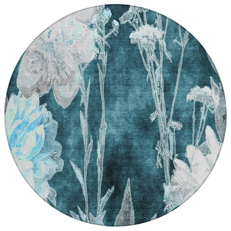 8' Emerald And Green Round Floral Washable Indoor Outdoor Area Rug Homeroots Outdoor