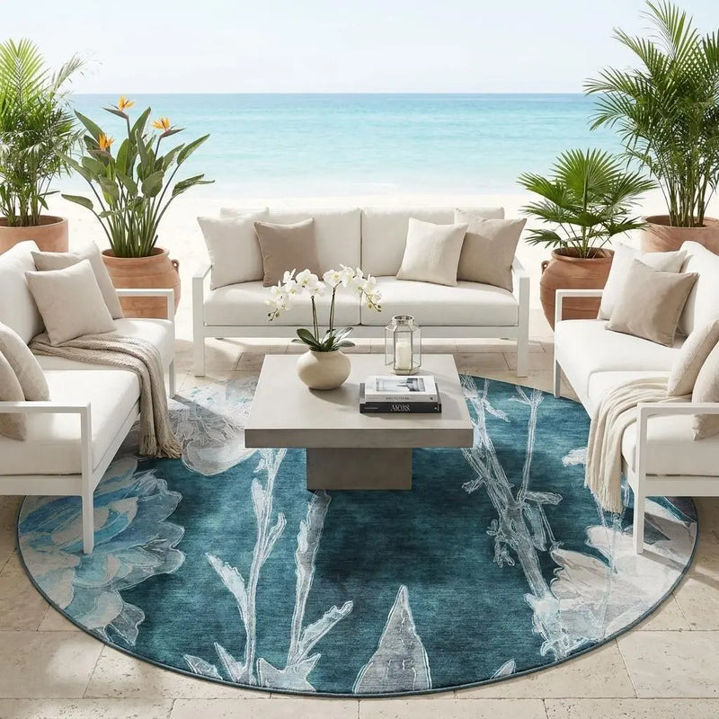 8' Emerald And Green Round Floral Washable Indoor Outdoor Area Rug Homeroots Outdoor