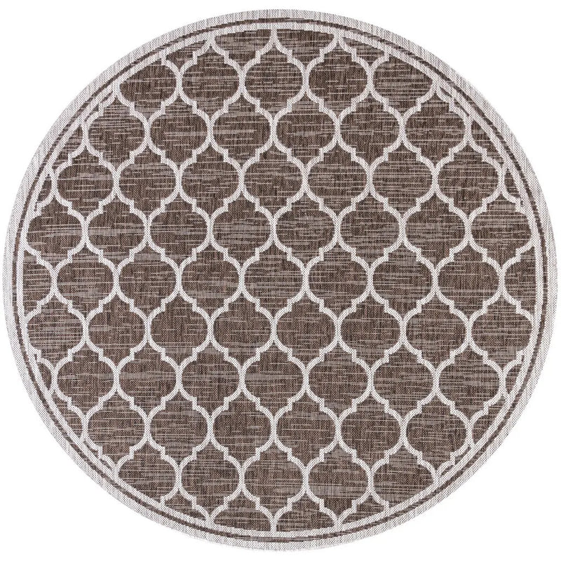 8' Espresso And Taupe Round Geometric Indoor Outdoor Area Rug - GreatEagleInc