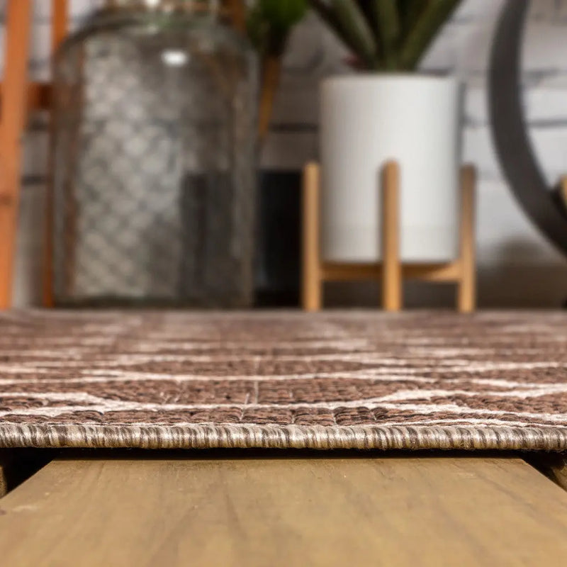 8' Espresso And Taupe Round Geometric Indoor Outdoor Area Rug - GreatEagleInc