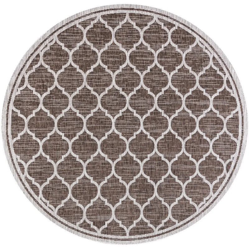 8' Espresso And Taupe Round Geometric Indoor Outdoor Area Rug - GreatEagleInc
