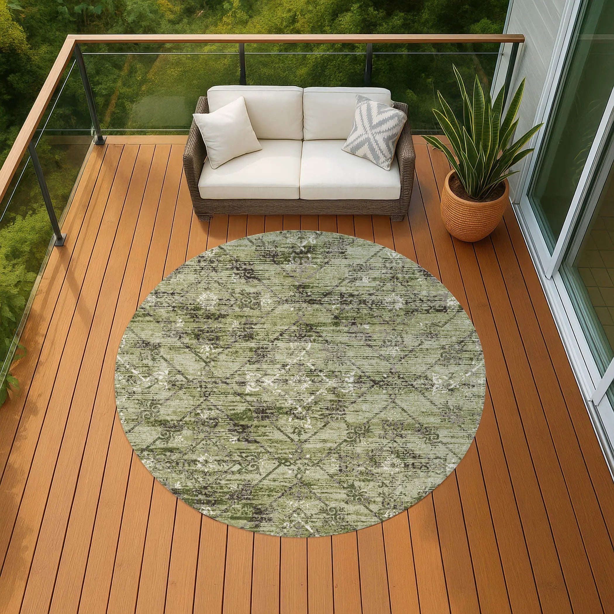 8' Fern Green And Brown Round Geometric Washable Indoor Outdoor Area Rug Homeroots Outdoor