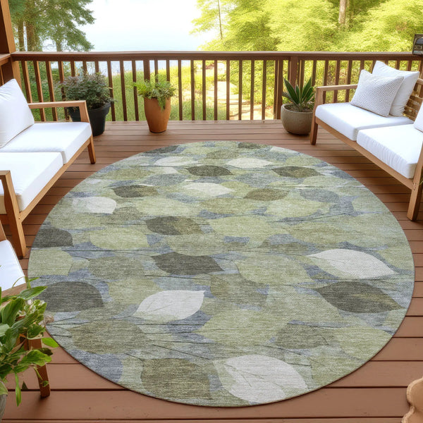 8' Fern Green And Green Round Floral Washable Indoor Outdoor Area Rug Homeroots Outdoor