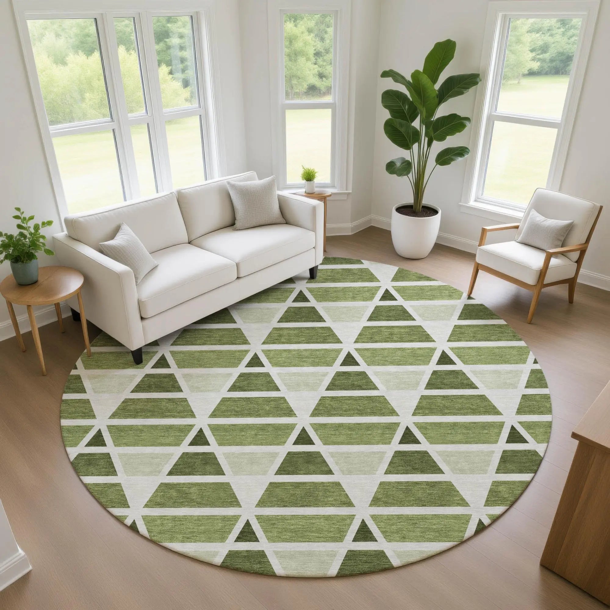 8' Fern Green And Green Round Geometric Washable Indoor Outdoor Area Rug Homeroots Outdoor
