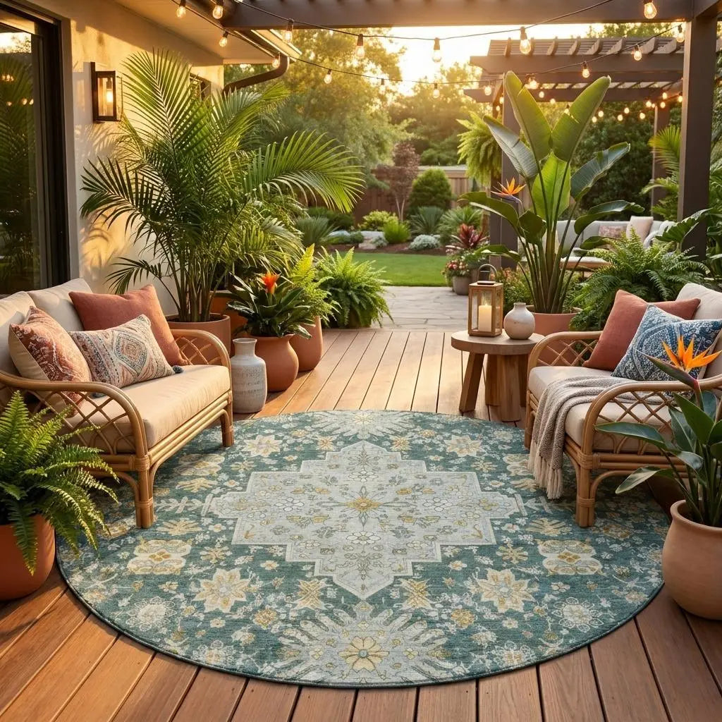 8' Fern Green And Green Round Oriental Washable Indoor Outdoor Area Rug Homeroots Outdoor
