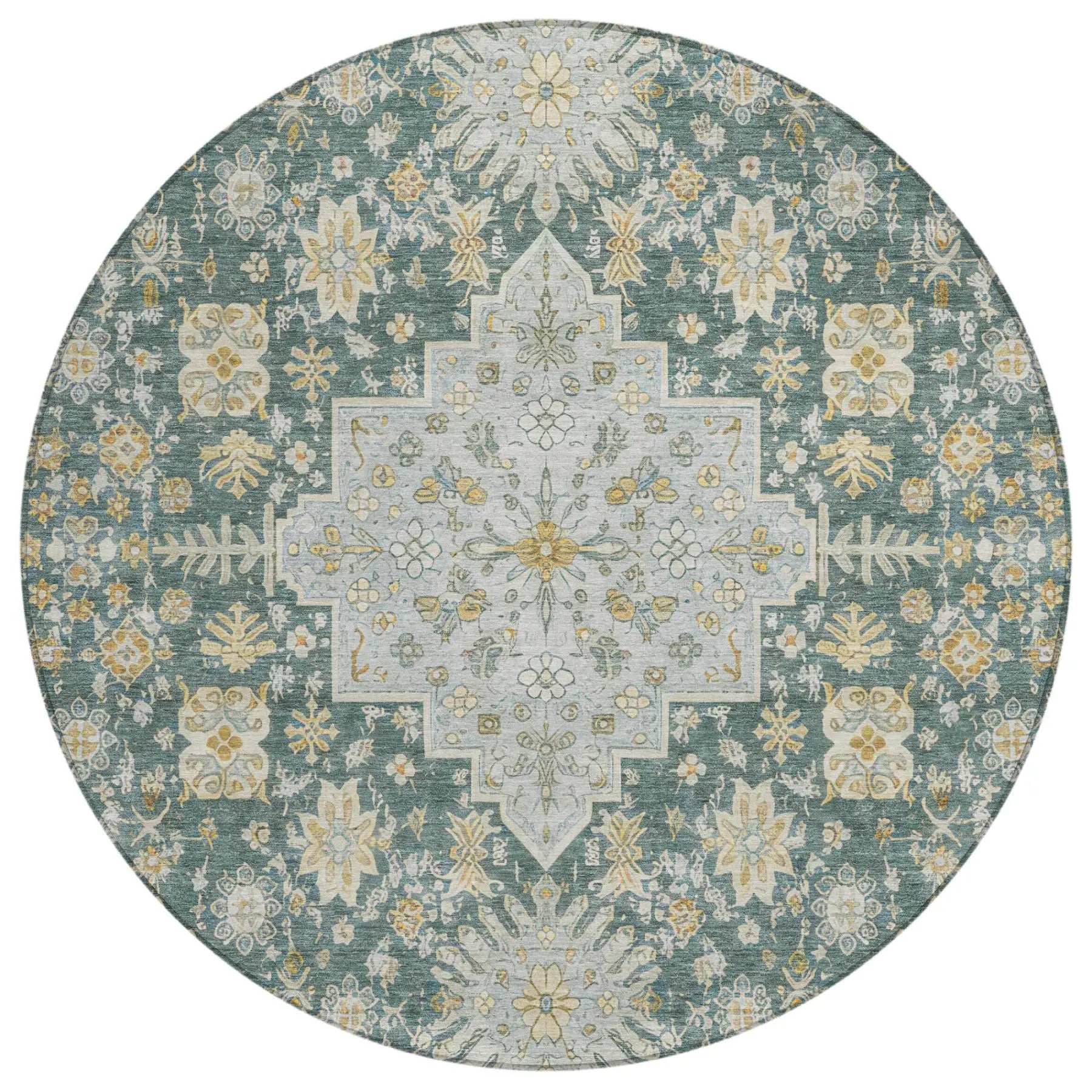 8' Fern Green And Green Round Oriental Washable Indoor Outdoor Area Rug Homeroots Outdoor
