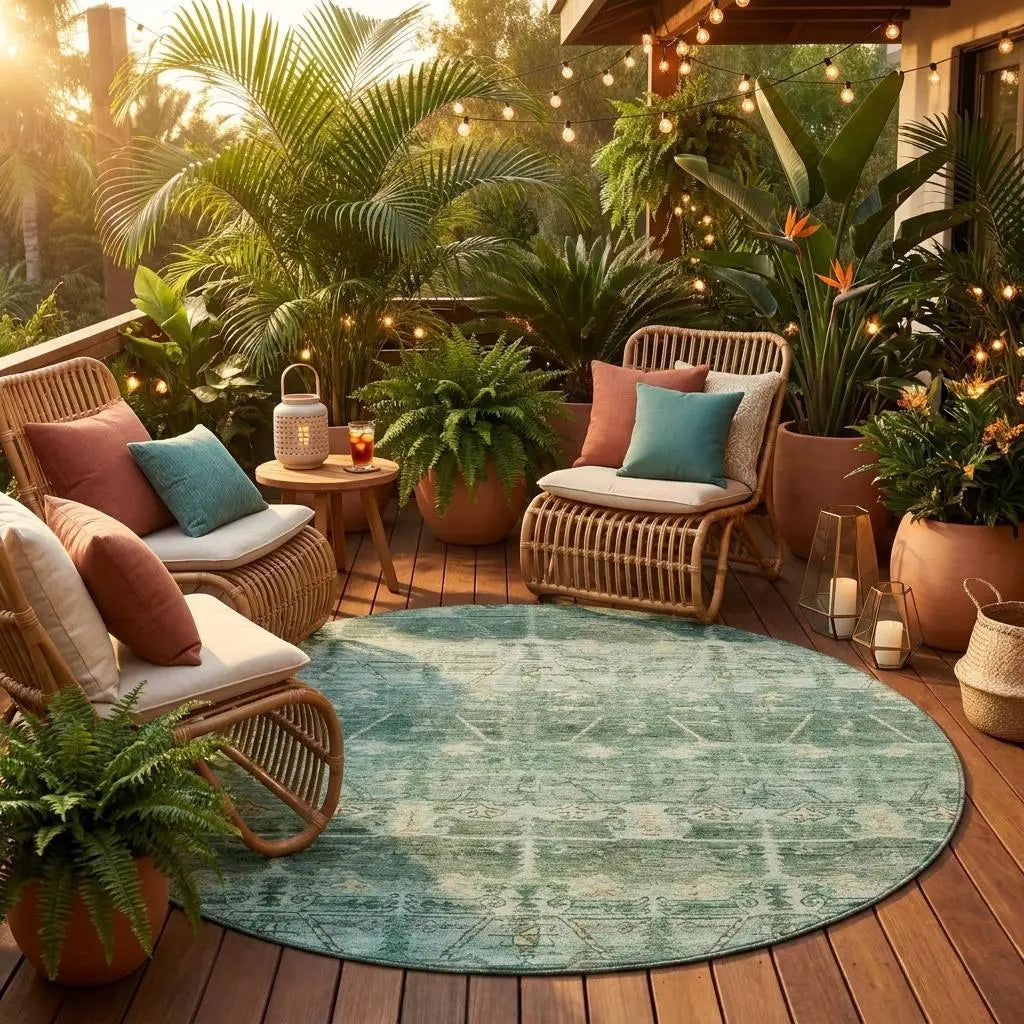 8' Fern Green And Green Round Tribal Washable Indoor Outdoor Area Rug Homeroots Outdoor