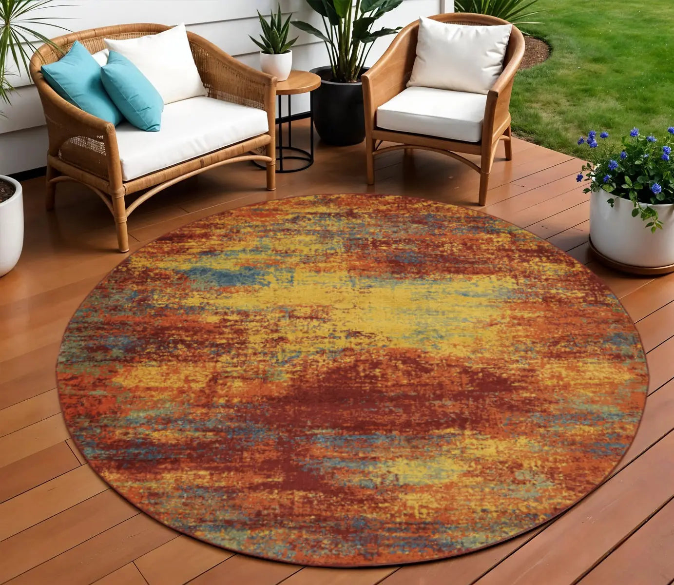 8' Flame Round Abstract Indoor Outdoor Area Rug Homeroots Outdoor