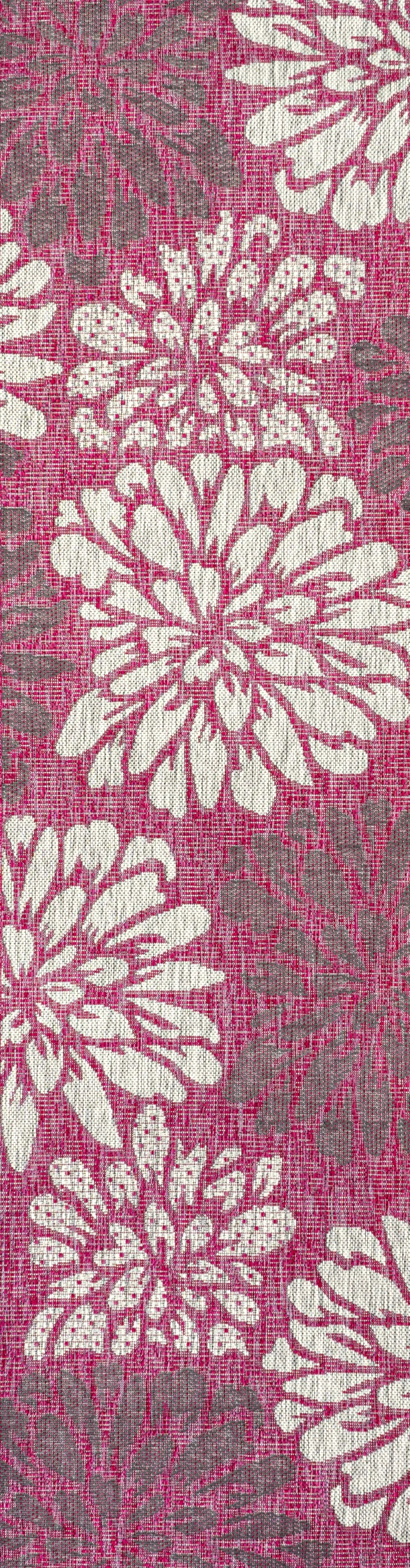 8' Fuchsia And Light Gray Floral Indoor Outdoor Runner Rug Homeroots Outdoor