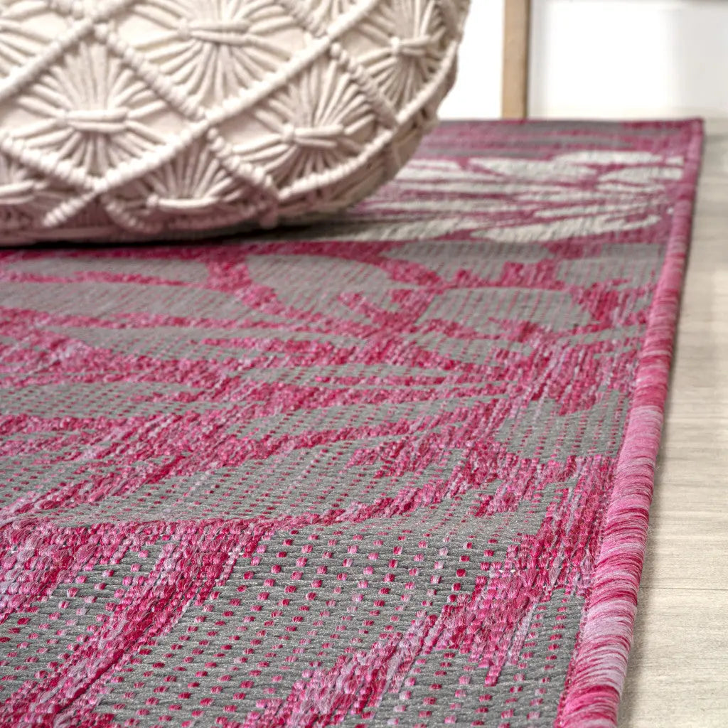 8' Fuchsia And Light Gray Floral Indoor Outdoor Runner Rug Homeroots Outdoor